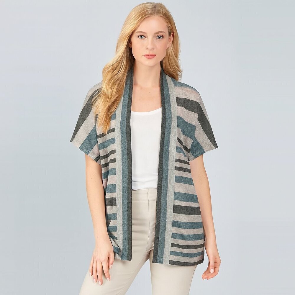 St. John Striped Open Front Cardigan Sweater Short Sleeve Gray Tunic XP/XS #9454
